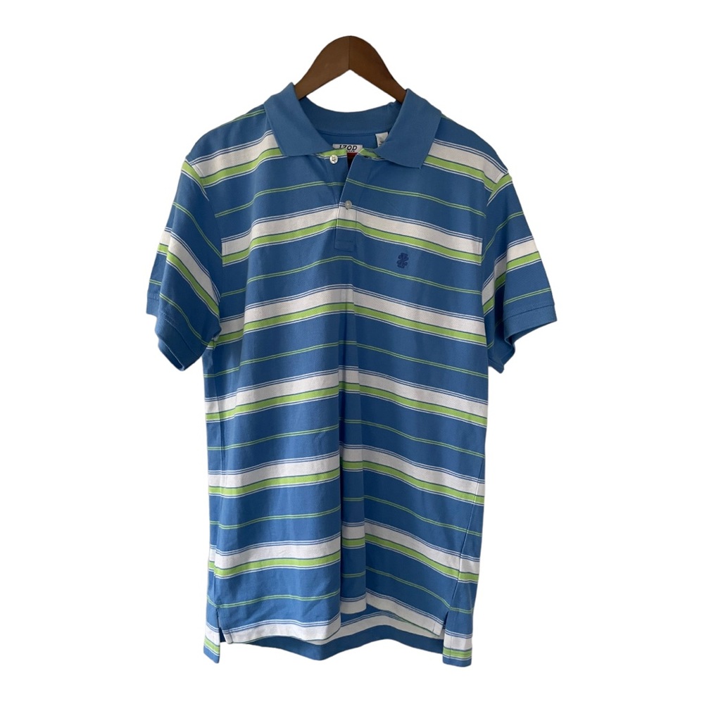 NWT IZOD 100% cotton polo shirt blue white lime green horizontal stripes